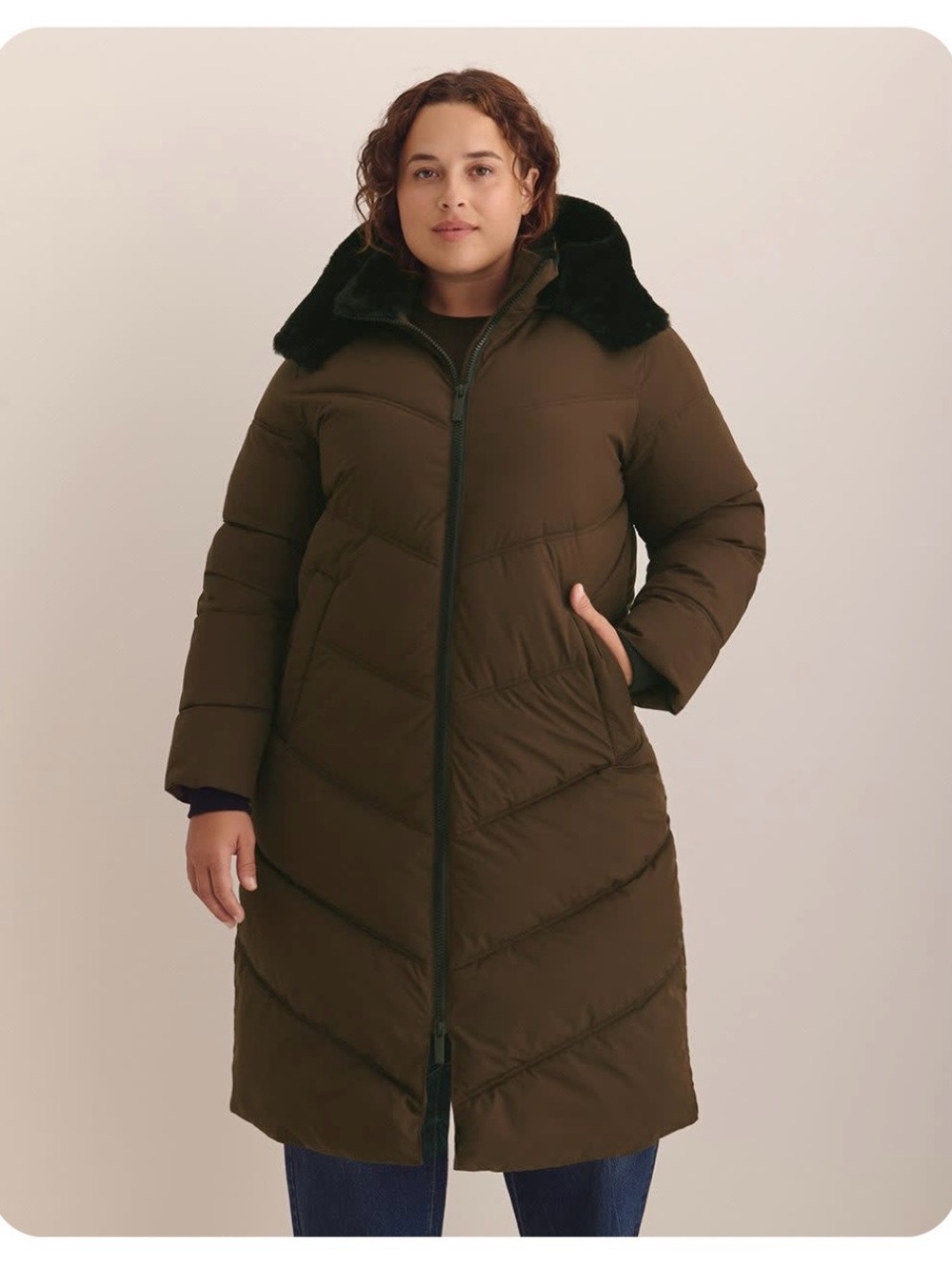 Penningtons Dark Brown Long Puffer Coat with Black Faux Fur Collar